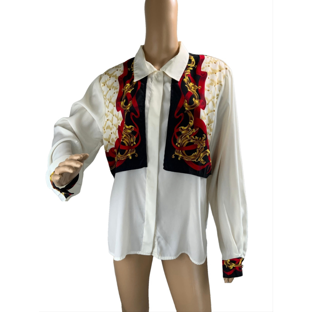 Casual Corner Womens Button-Down Shirt Sz 14 White Decorative Baroque Style Glam
